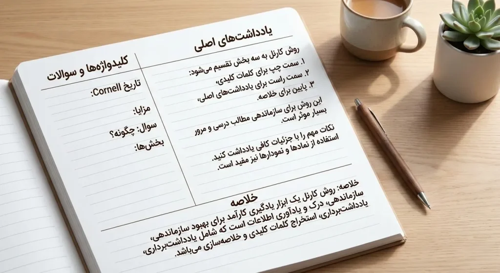 تکنیک‌ های یادداشت‌ برداری؛ آموزش تصویری روش کورنل با توضیحات فارسی در دفترچه.