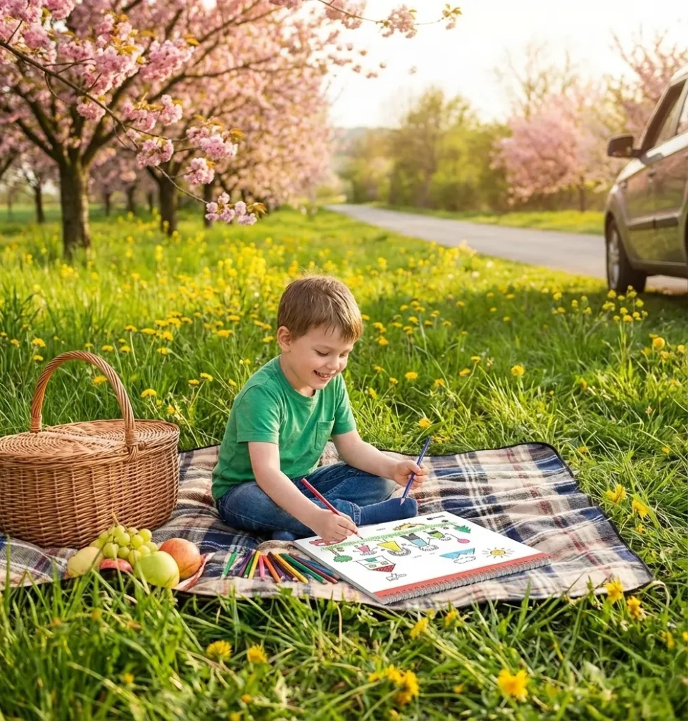 نقاشی کردن کودک با دفتر نقاشی سیمی در طبیعت بهاری حین توقف بین راهی سفر نوروزی