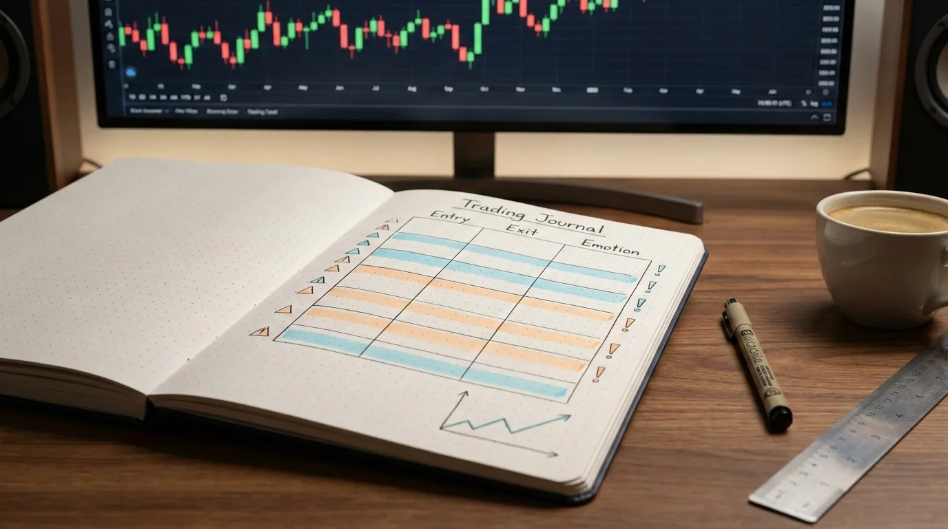 نمونه طراحی ژورنال معاملاتی در دفتر نقطهای بولت ژورنال با سیستم کدگذاری رنگی و نمودار رشد حساب