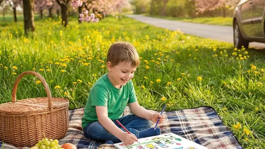 نقاشی کردن کودک با دفتر نقاشی سیمی در طبیعت بهاری حین توقف بین راهی سفر نوروزی